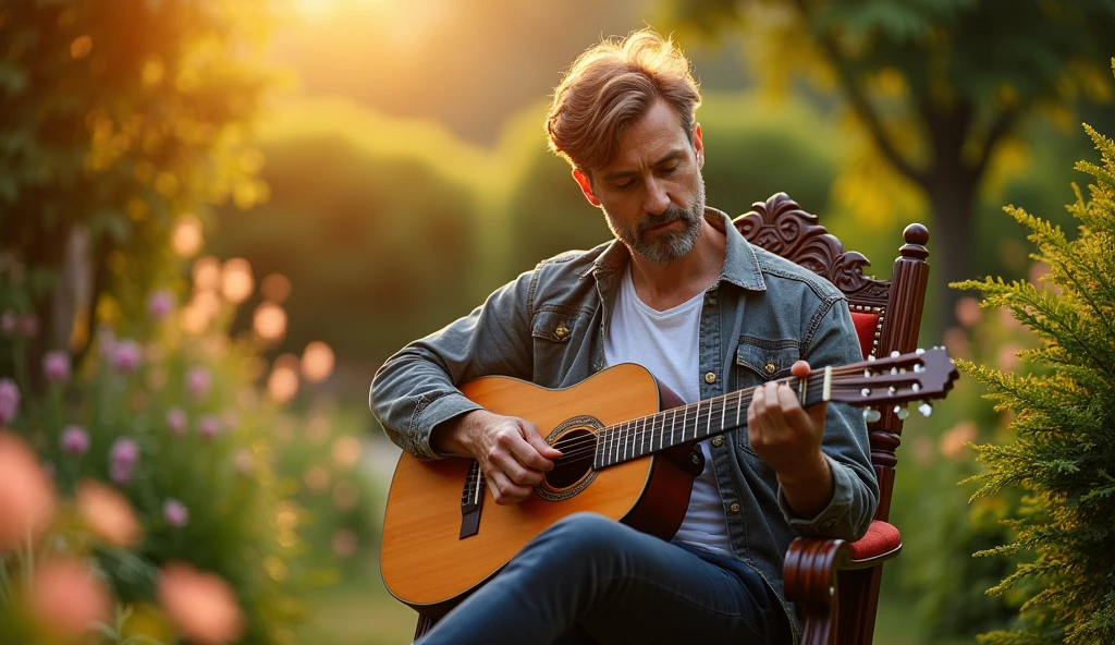a man sitting on a garden chair playing an acoustic guitar, detailed facial features, ornate wooden guitar, lush green garden background, natural sunlight, photorealistic, highly detailed, cinematic lighting, 8k, vibrant colors, serene landscape, golden hour, masterpiece