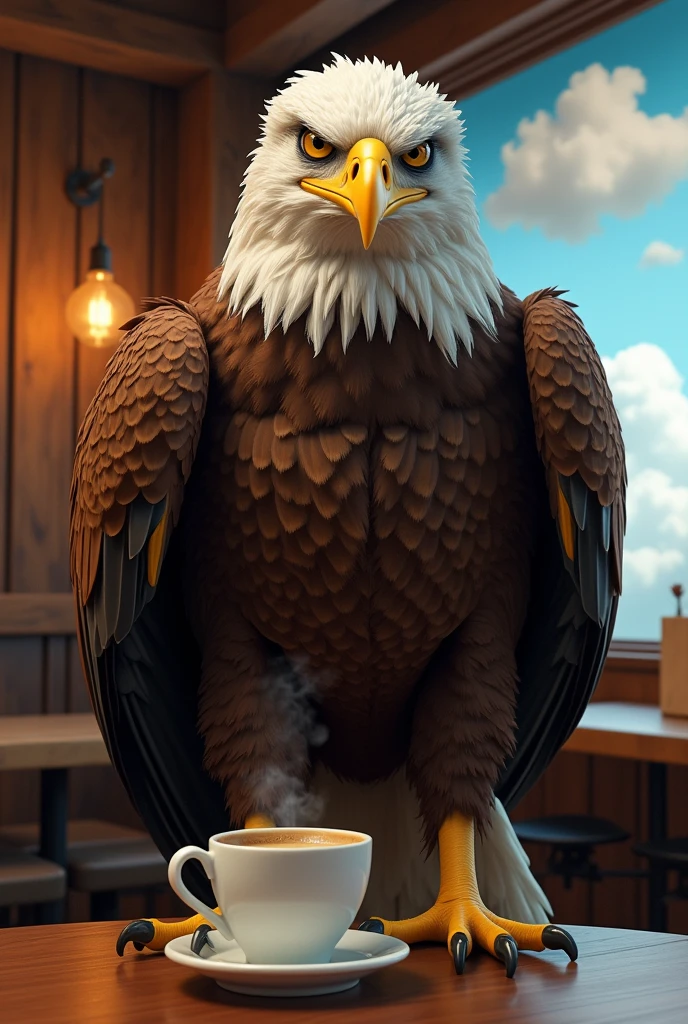 a muscular Eagle standing drinking coffee from a cup with a mean face