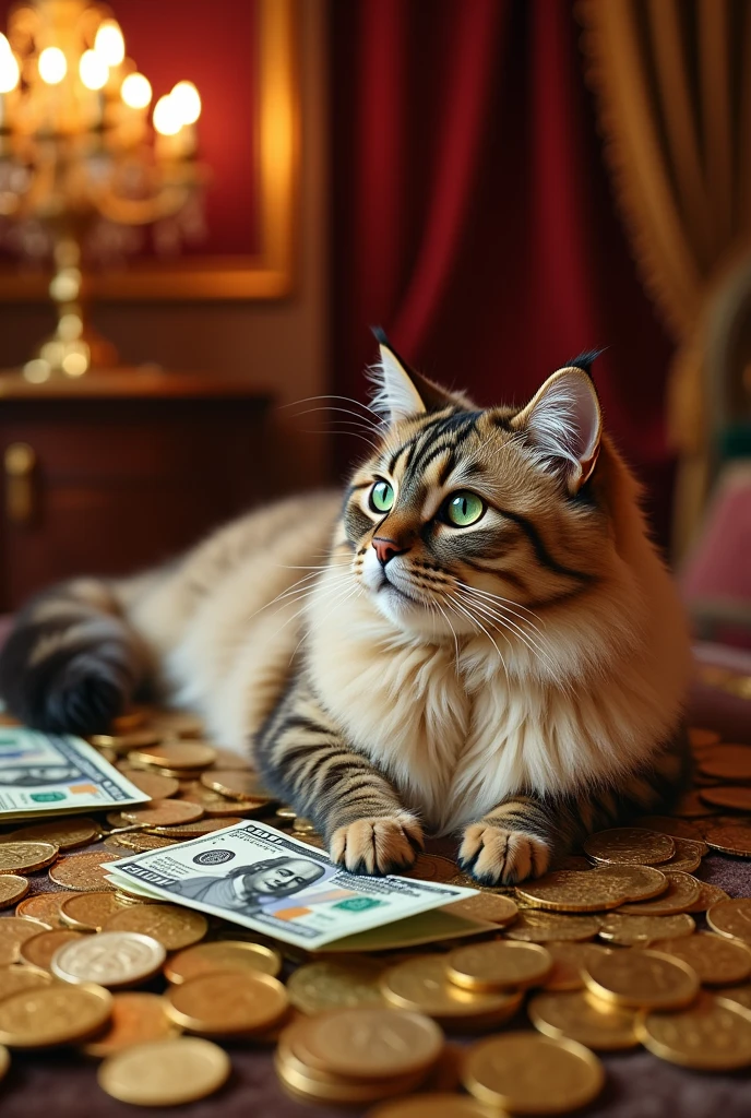 Cat on a pile of money