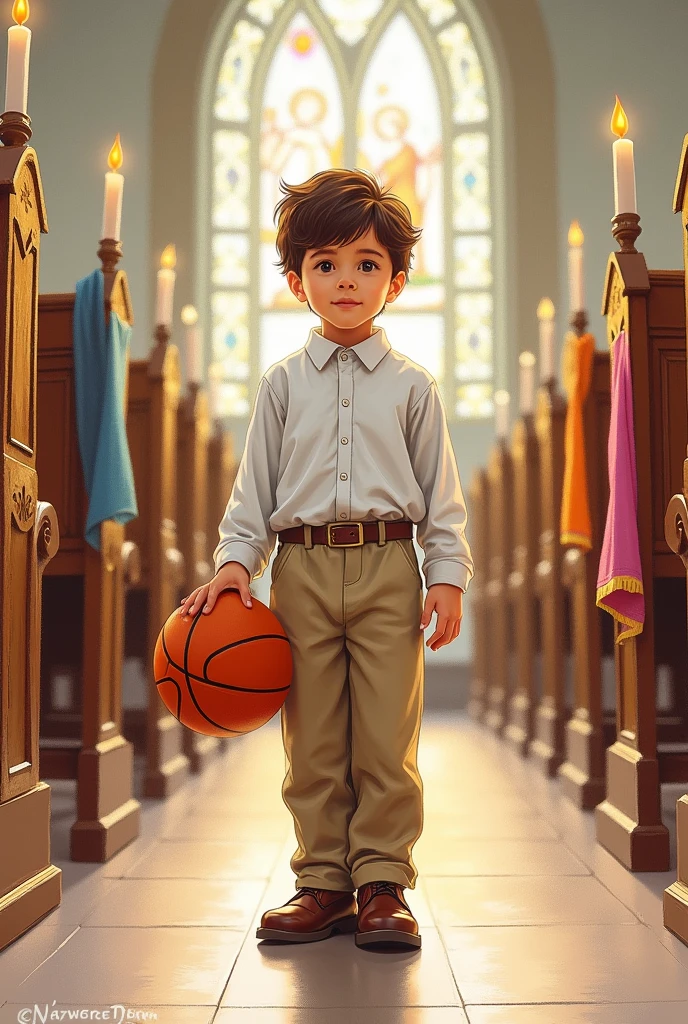 Pencil drawing of a boy taking communion standing up, panatalon beige, White shirt, Brown shoes, with basketball.