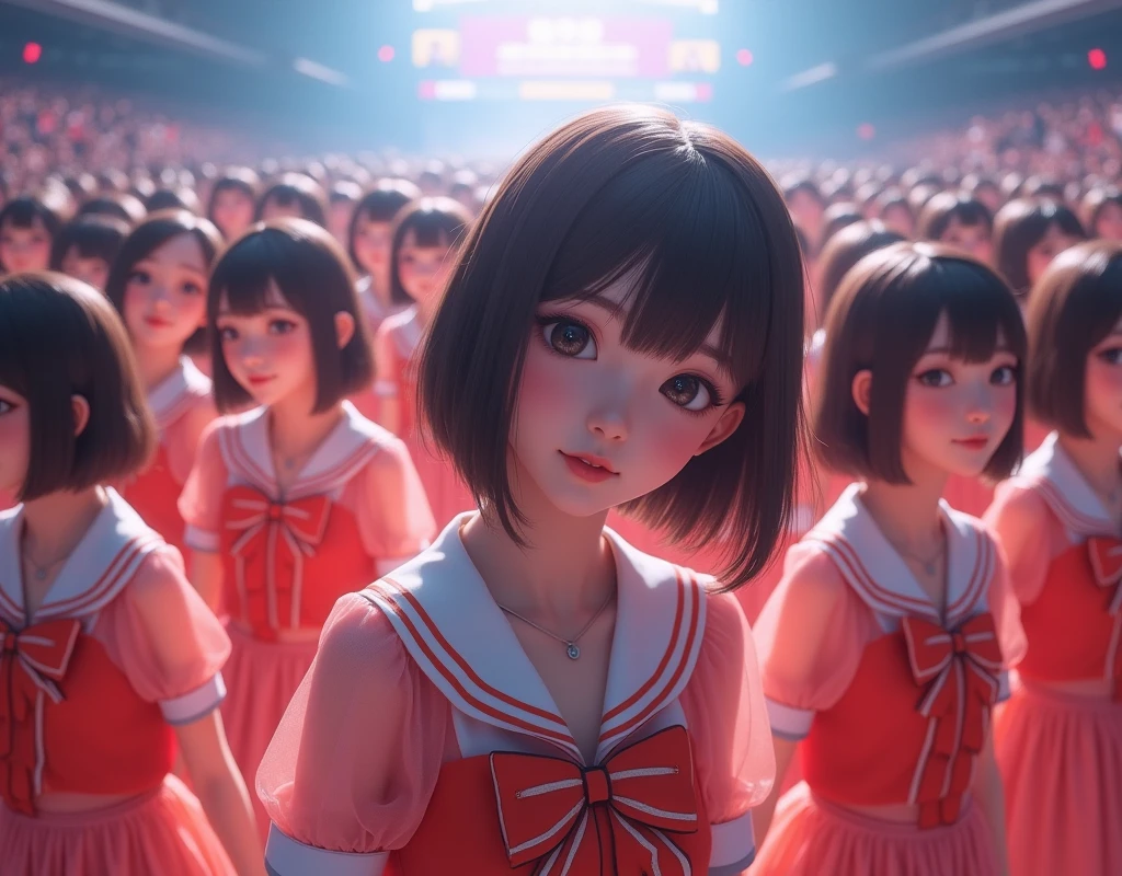 [Japanese Clone girls=Myself], [Perfect Clone girls Raw Photography Art], [16K, Highest quality, Ultra-high resolution], (((Unrealistic, Unprecedented sight, hyperdimensional space, A sight beyond imagination, (((A world of mass proliferation of myselves, Ultra-realistic)))))), (Japanese, woman, 22-year-old, Saito-Asuka), ((Small face, Brown and black hair, Short Hair)), ((Very beautiful detailed girls, Accurate body structure, Very detailed and perfect super busty body)), ((amazing super big tits, Large, swelling breasts)), (Dark Eyes, Mature face, Cute Smile, A gentle gaze), (Happy laughter), [[(((((Very detailed, 1girl→1,000,000,000,000,000,000,000,000,000,000,000,000,000cloning girls))))), (((((Extremely detailed and precise depiction of the double, Perfectly the same girl, The exact same smile, Perfect matching hairstyle, Perfect same clothes, Exactly the same height, Perfect same super busty))))), (((((Myself only))))), (((Very detailed, on stage, Idol Group, Nogizaka46's stage costumes, 1,000,000,000,000Myself))), (((Very detailed, Audience seats, camisole, 1,000,000,000,000,000,000,000Myself)))]], (((Perfect description, Smiling face, hug, wave hands, Matching poses, Matching dance, Sexy pose, In a row, Infinite Alignment))), (((Very detailed, Super crowded in a different dimension, Abnormal crowding, Super crowded))), (Large Concert Hall, Front bright light, Illuminated by spotlights, Live Stage Lighting), (((Wide field of view, Very detailed, Detailed ultra-perspective depiction)))), Group idol group photo, Anywhere Angle