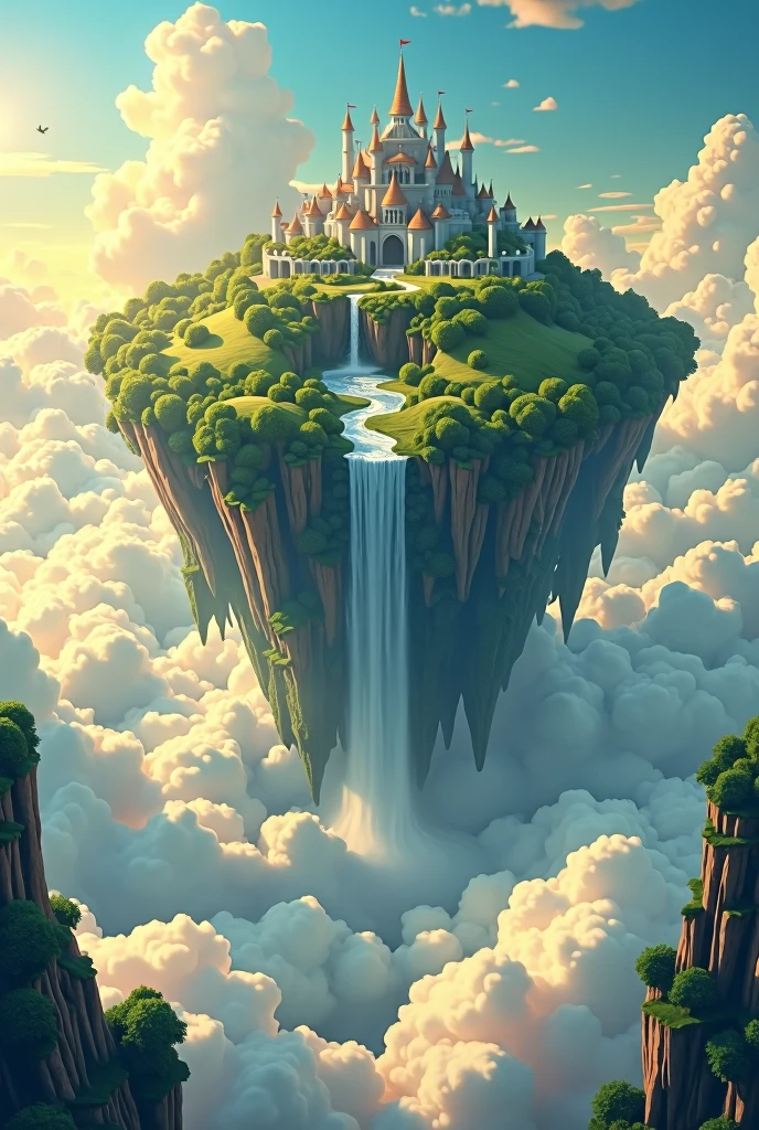 In the vast sky、A fantastic landscape with a giant floating island reminiscent of Laputa: Castle in the Sky。The floating island is filled with lush greenery and magnificent buildings.、A sparkling waterfall flows beneath the island。An island floating in the sea of clouds々and、The sky enveloped in golden light、It creates a fantasy world that feels like a dream.。The whole sky is filled with soft light、It creates a mysterious yet soothing atmosphere.