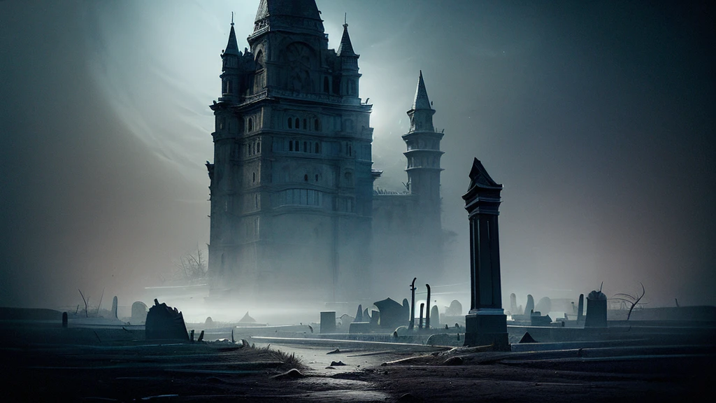 a haunting moonlit halloween scene, dark atmosphere, spooky atmosphere, detailed horror landscape, gothic architecture, overgrown graveyard, fog, moonlight, eerie lighting, gloomy ambience, dramatic shadows, moody colors, cinematic composition, highly detailed, photorealistic, 8K, masterpiece