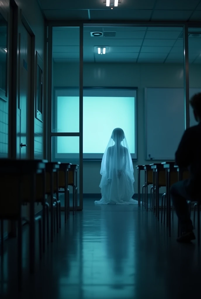 make a clear (see through) boy ghost who's inside a classroom sitting and facing the white board. he's not facing our direction since my friend and I we're on the hallway and the boy is inside the classroom and we are somehow far away from him. we only see him because the classroom is made up of glass and the hallway and room is kinda dark