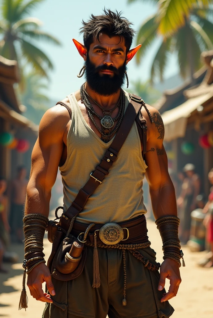 A half-elf character male with a strong build, wearing a sleeveless top and loose pants, adorned with various accessories such as a necklace, bracelets, and belts. The character has distinct pointed ears, showcasing their elven heritage. They have an adventurous look about them, suggesting a background as a traveler or someone who is accustomed to life on the move. Il a une barbe mal tailler des cheveux gominé