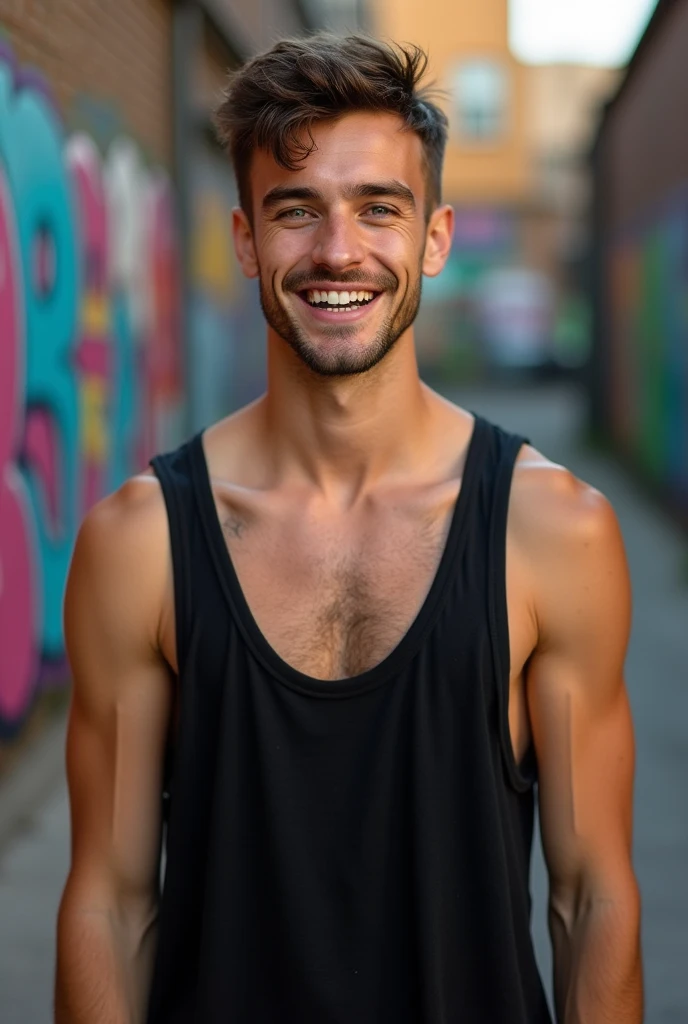 Un jeune homme cheveux très court et barbe de 3 jours. Ses dents sont pourries (noirs pour certaines jaune pour d'autres et pas droites). Il porte un débardeur noir a grand décolleté laissant apparaître ses tétons.