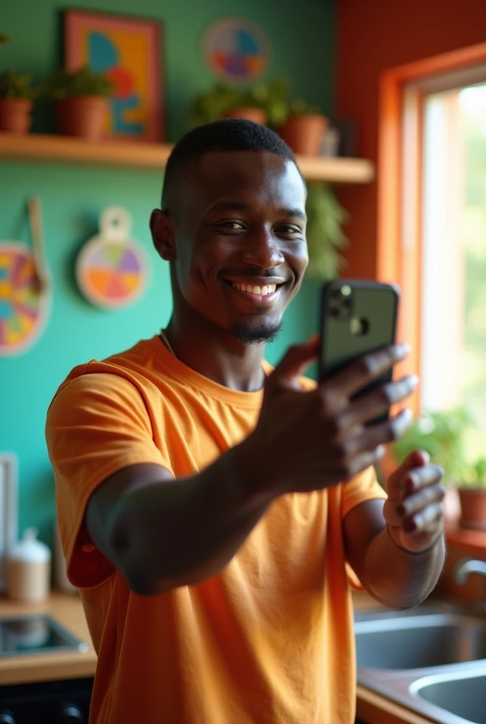 Beautiful haitian american young man, 18 years, ta a selfie in his kitchen, simple photo