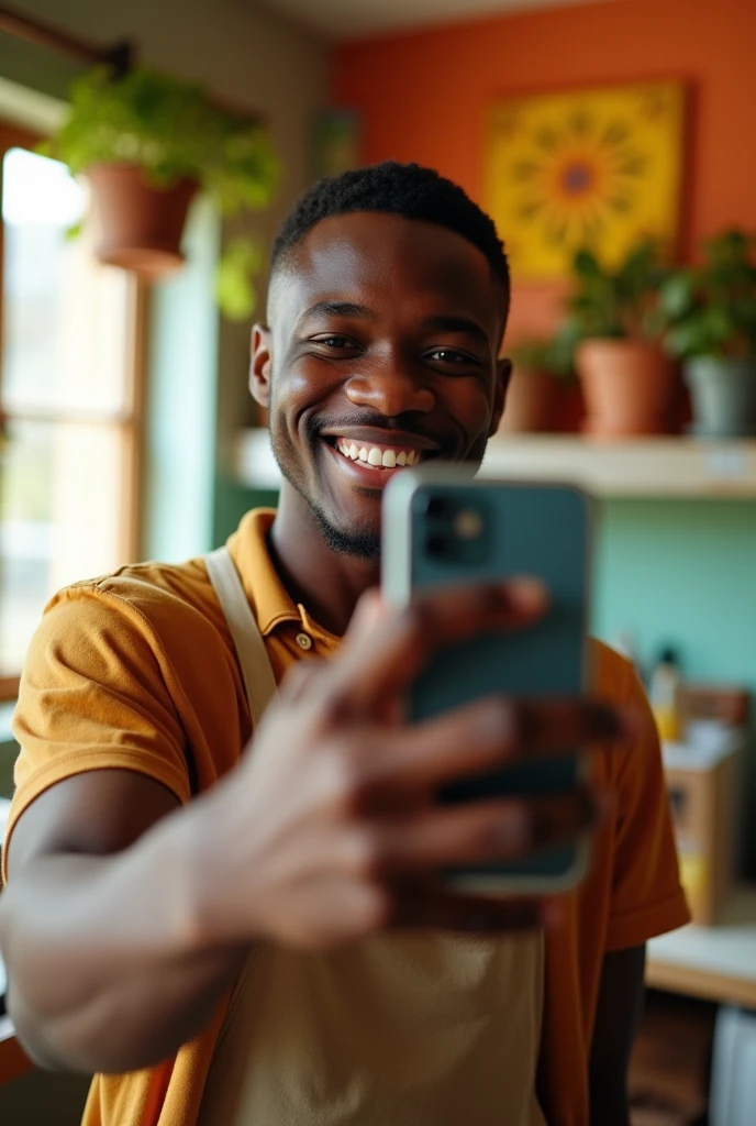 Beautiful haitian american young man, 18 years, ta a selfie in his kitchen, simple photo