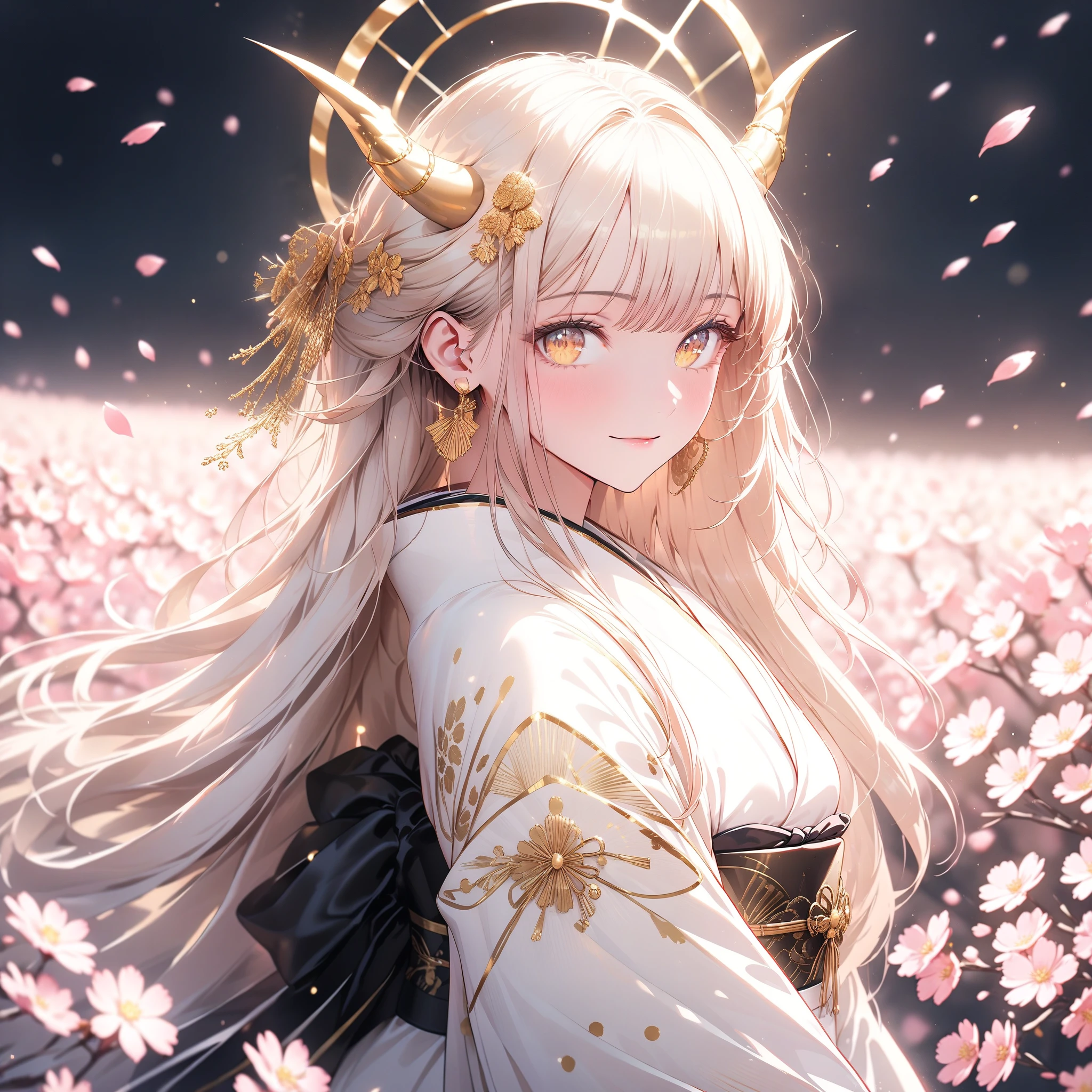 8k, wallpaper of extremely detailed CG unit, masterpiece, high resolution, top-quality, top-quality real texture skin, hyper-realistic, increase the resolution, best quality, highly detailed, the wallpaper, cinematic lighting, ray trace, golden ratio, in a field of blossom trees, many blossom petals, gorgeous lighting, Gorgeous young demon woman with long flowing white hair beautiful golden eyes that glister in the light and 2 majestic golden horns, she wears gorgeous white Japanese clothing with gold ornaments, sparkles