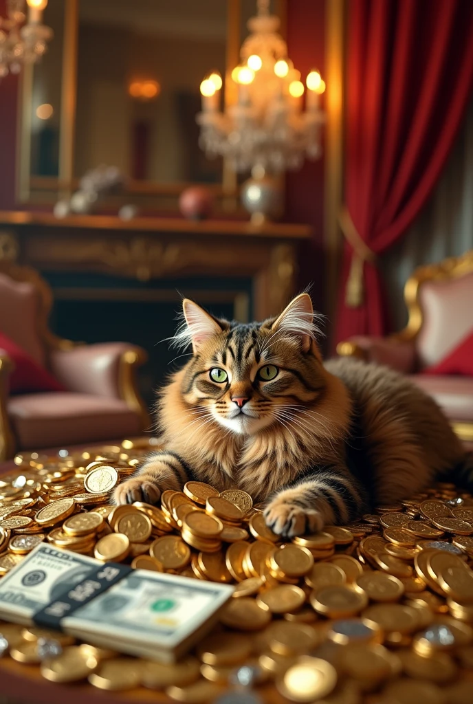 Cat on a pile of money