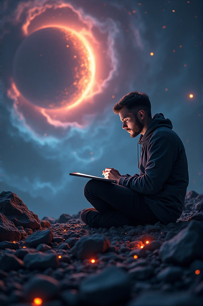 Desenhe um jovem programador, sitting on a research platform floating in the middle of an asteroid belt. He is studying with a notebook, surrounded by several asteroids glowing with fiery auras. Dramatic lighting from distant stars and planets illuminates the scene, casting deep shadows on the costume. O jovem parece confiante e determinado, looking at the vast and mysterious universe with awe and respect,facial hair, like a student
