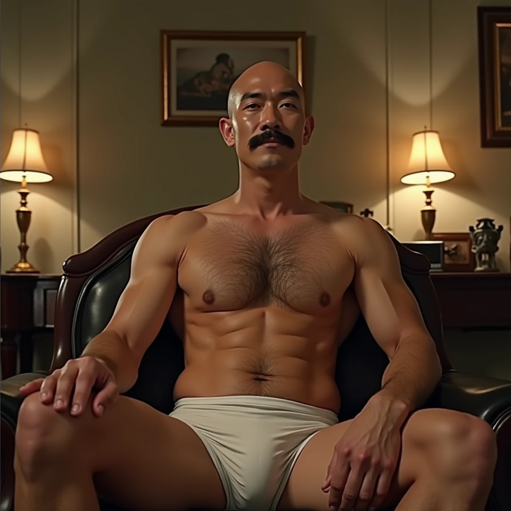40 years old,Hidetoshi Nakata,(Kogoro Mori 1.3),Oriental face,whole body,Lean,muscle,Sitting,Legs open,White socks,Baldhead ,transparent,Thick body hair,White lingerie,Topless,Densely hairy,Fortitude,HD,With a mustache