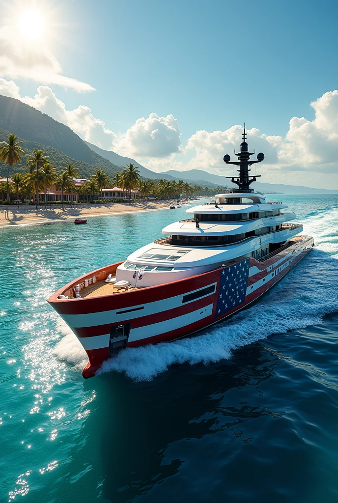 The country of united states as a modern motoryacht, colors of the flag (red, white, blue), large yacht, on water, ultra-realistic