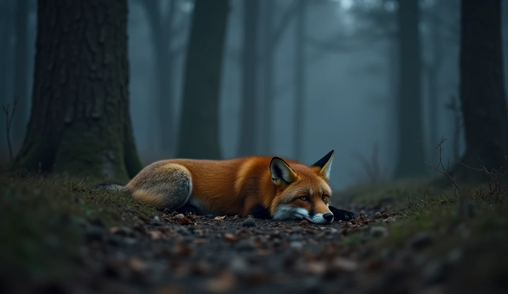 FOX LYING DOWN SAD IN THE FOREST DARK BACKGROUND WITH FOG