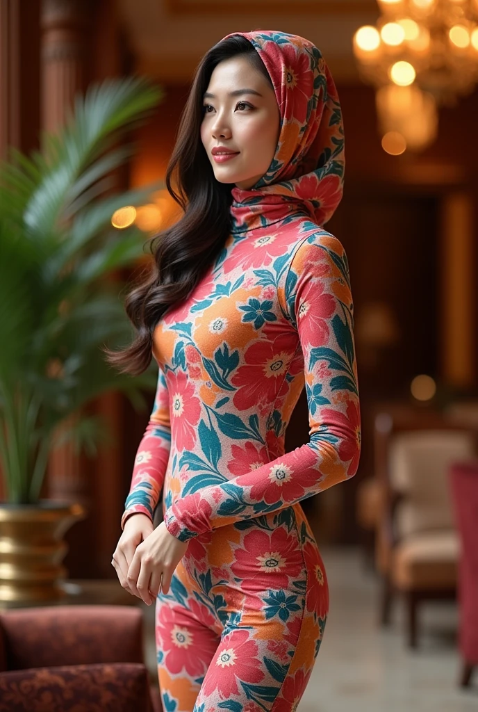 A beautiful and thin chinese adult girl wears floral print lycra turtleneck unitard catsuit and always wear floral print lycra hijab-like hood.She is at hotel.