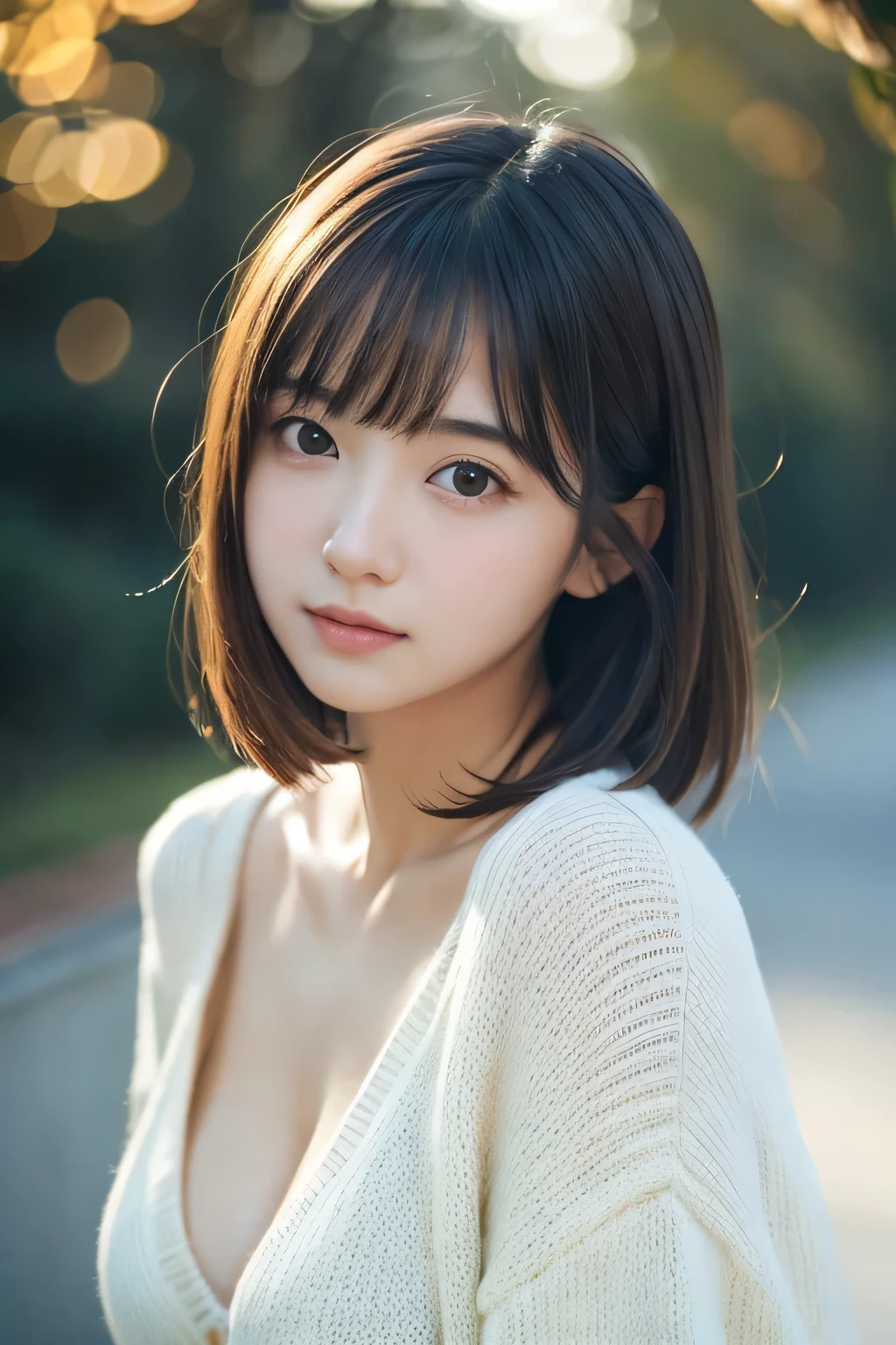 masutepiece, Best Quality, 8K, 20 yo, large full breasts, cute little, Solo, sad, Cute, Girly, Delicate girl, Neat and clean beauty, Raw photo, Professional Photography, Portrait, Soft light, Professional Lighting, Back lighting, Upper body, Looking away, Sophisticated, Film grain, (Eyes and faces with detailed:1.0), Short-length floating hair, Beautiful flowing hair, Bangs, Sweaters,