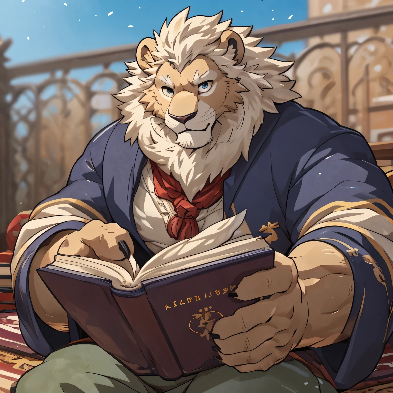 ultra detailed face, high details, anthro lion, ((white-grey lion)) 4k, high resolution, best quality, posted on e621, solo, anthro body, male, adult, masculine, , correct anatomy, (icon), (blurry background, out-of-focus background:1.2), (by takemoto arashi:1.0), (by wfa:1), (by Taran Fiddler:0.5), (by Bontiage), old, (cel shaded, cartoony shading:1.2), black lineart, black outline, flat coloring, (strong shadows, dark shadows:1.2), drinking coffee, wearing a old glasses, ((cold color)), at cottage terrace, (upperbody:1.4), center, first person perspective, reading a book, sitting on tatami.