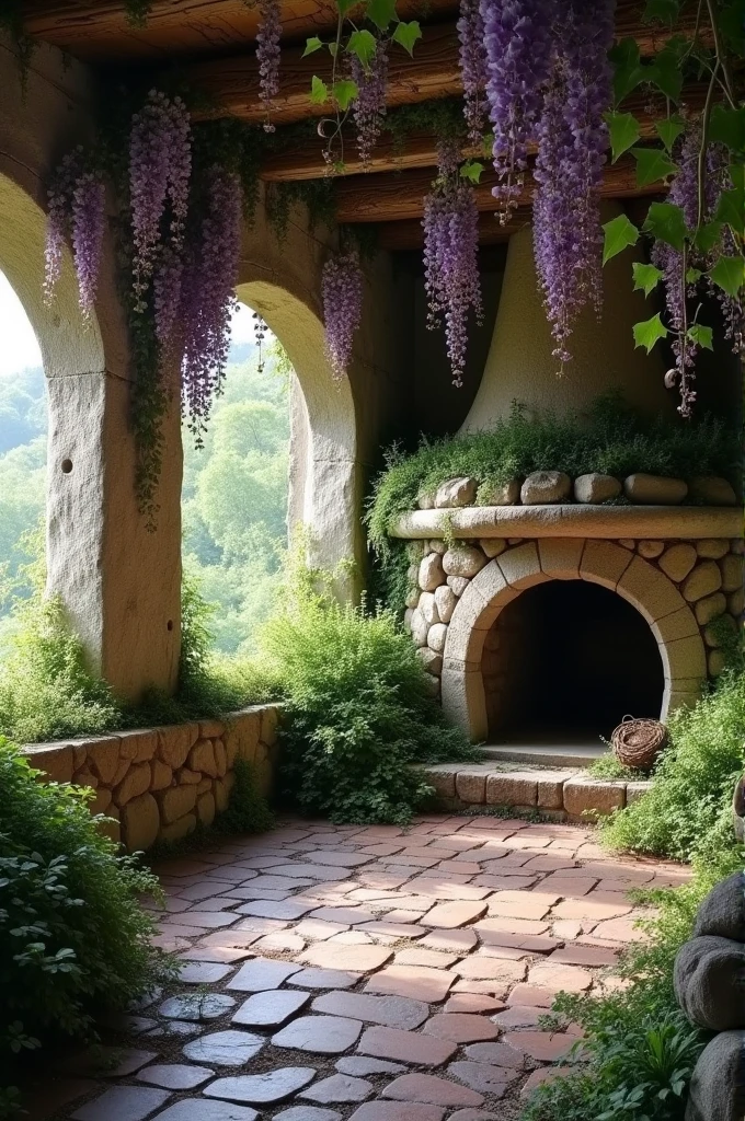 Photo of the interior of a deserted elven cottage's living room. Perspective shot. Wisteria from floor to ceiling. With old round stone fireplace in the background. Style hobbit
