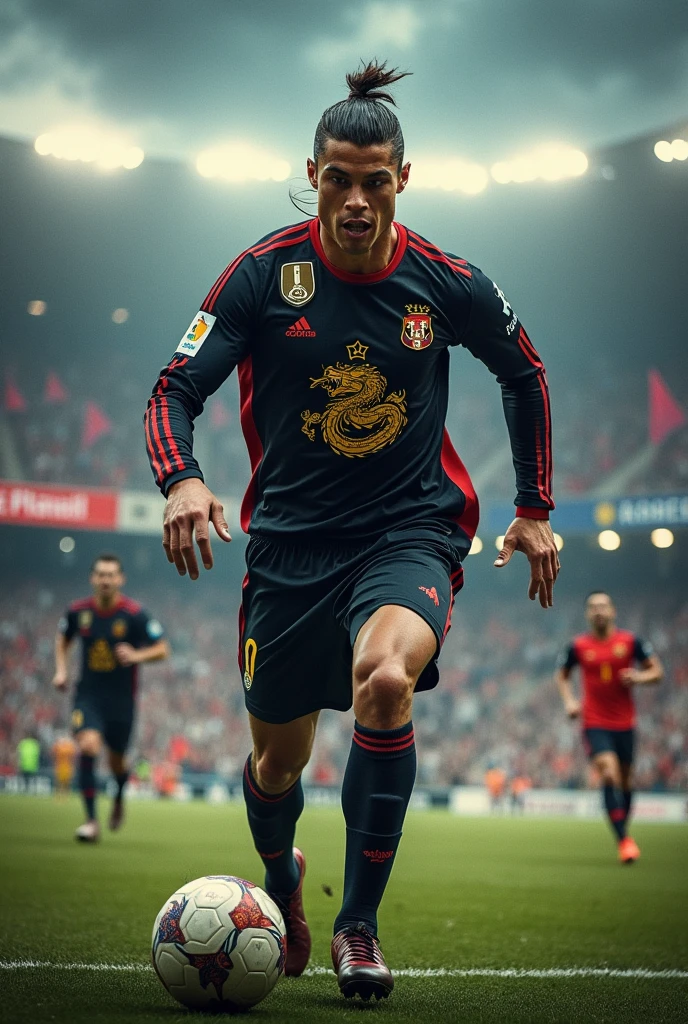 Ronaldo looking demonic dangerous playing football wearing black dragon jersey (logo in jersey should be nepal flag )