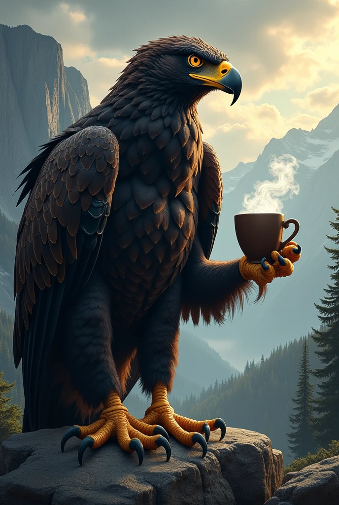 a muscular Eagle standing with a cup of coffee in his hand looking mean 