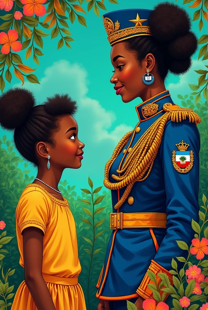 Une image illustre une  afro haïtienne, en admiration devant son héroïne haitienne Sanite belair en tenue d officier. Cadre coloré, lumineux, captivant pour toutes les petites filles 