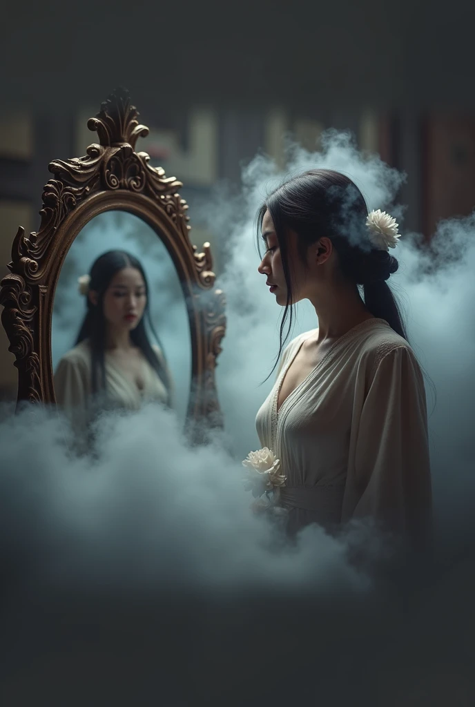 A mystical, inscrutable fog slowly engulfs a young Asian woman, her shadowy form cloaked in ambiguity. Foreground features an antiquated, elaborately decorated mirror that reflects an indistinct image, signifying the hidden truth of her identity. The entire scene is immersed in nuanced hues of riddle and secrecy, hinting at the enigma contained within the yet to be revealed narrative of a daughter unearthing her concealed history.
