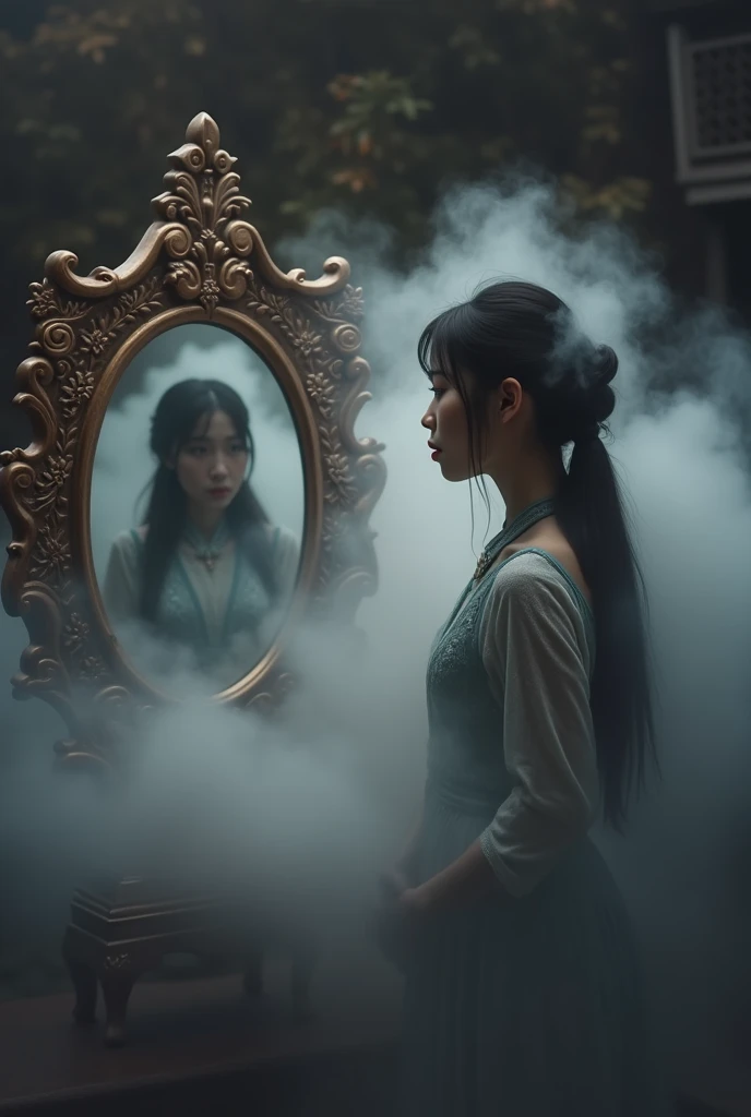 A mystical, inscrutable fog slowly engulfs a young Asian woman, her shadowy form cloaked in ambiguity. Foreground features an antiquated, elaborately decorated mirror that reflects an indistinct image, signifying the hidden truth of her identity. The entire scene is immersed in nuanced hues of riddle and secrecy, hinting at the enigma contained within the yet to be revealed narrative of a daughter unearthing her concealed history.