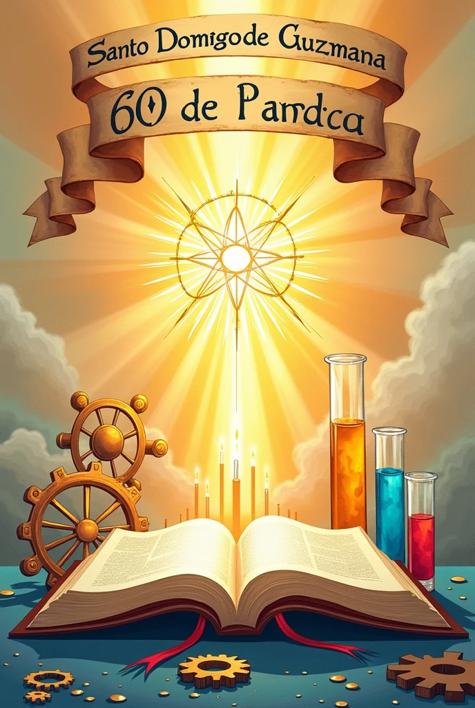 Create an isotype for me about a science fair, taking into account that it is for the 60th anniversary of the Santo Domingo de Guzmán educational institution and it should reflect on science in the light of divine wisdom.