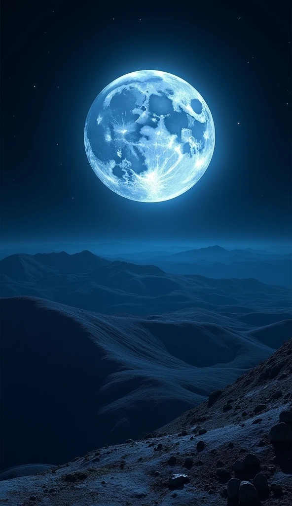 A high-angle view of the Super Blue Moon rising in the night sky, taken from an elevated position looking down at the landscape below. The moon appears large and luminous, with its surface features — including major craters, mountain ranges, and the prominent Mare — shown in accurate detail. The orientation of the moon matches what is visible from Earth, with the face of the moon tilted slightly to show its familiar markings. The landscape below is partially illuminated by the moon's light, with long shadows cast by the terrain. The sky is dark, with the moon shining brightly, outshining the surrounding stars. This perspective captures the moon’s dominance over the Earth’s surface, creating a dramatic and accurate representation of the Super Blue Moon.