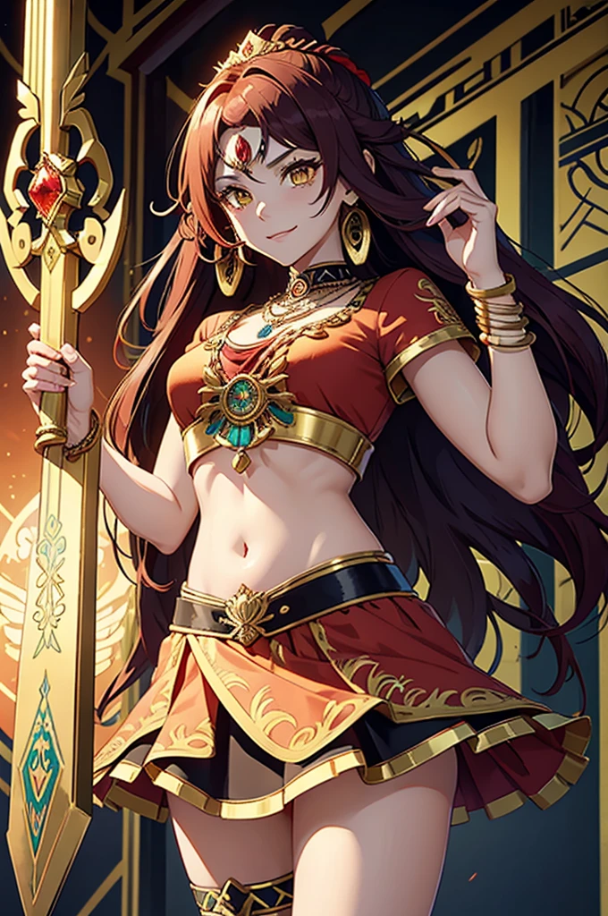 1 , long hair, fluffy hair, red hair, yellow eyes, x-shaped pupils, She wears an outfit inspired by Aztec culture., with lots of golden details and colorful feathers. The outfit is a top and skirt combination, both adorned with traditional prints and jewelry. She also has gold bracelets and anklets., as well as a large, ornate necklace. The predominant colors in their costume are red, the green and the gold, colors often associated with royalty and divinity in Aztec culture. She also wields a macuahuitl, a traditional Aztec weapon, holding gun, holding sword, to scratch, belly out, sharped teeth, evil smile, Light, Genshin Impact, Light, Light(genshin impact), Light /(Genshin Impact/), think crown, to scratch,