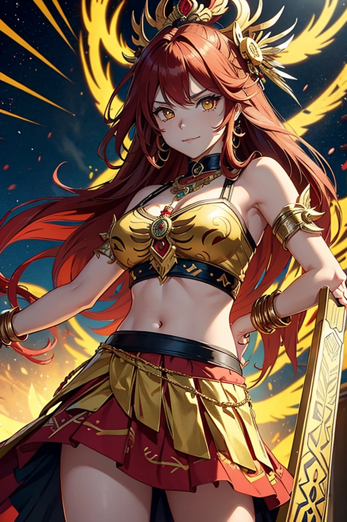 1 , long hair, fluffy hair, red hair, yellow eyes, x-shaped pupils, She wears an outfit inspired by Aztec culture., with lots of golden details and colorful feathers. The outfit is a top and skirt combination, both adorned with traditional prints and jewelry. She also has gold bracelets and anklets., as well as a large, ornate necklace. The predominant colors in their costume are red, the green and the gold, colors often associated with royalty and divinity in Aztec culture. She also wields a macuahuitl, a traditional Aztec weapon, holding gun, holding sword, to scratch, belly out, sharped teeth, evil smile, Light, Genshin Impact, Light, Light(genshin impact), Light /(Genshin Impact/), think crown, to scratch,