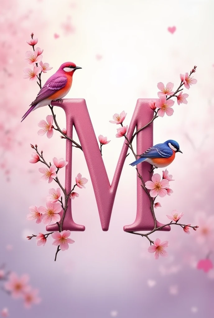 Elegant cursive uppercase letter M with cherry blossoms and birds on it