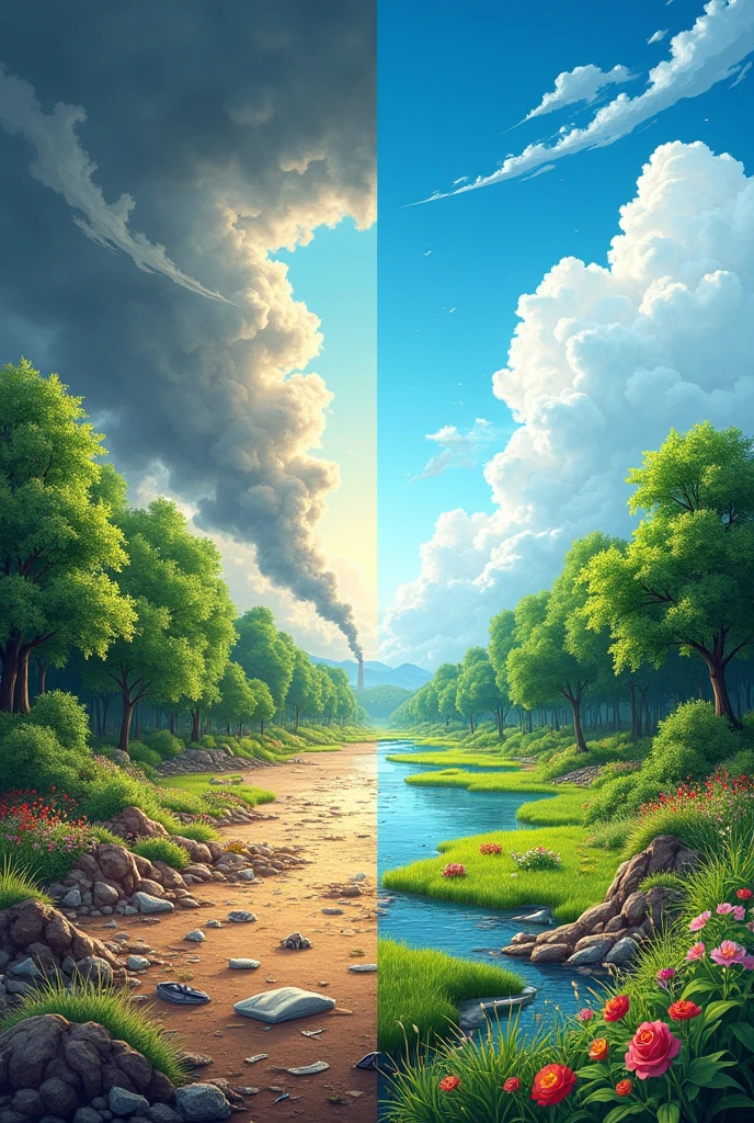 make a poster that illustrating saving the environment. Before and After: Show a contrasting scene of a polluted environment and a restored, thriving one. This highlights the positive impact of environmental action.