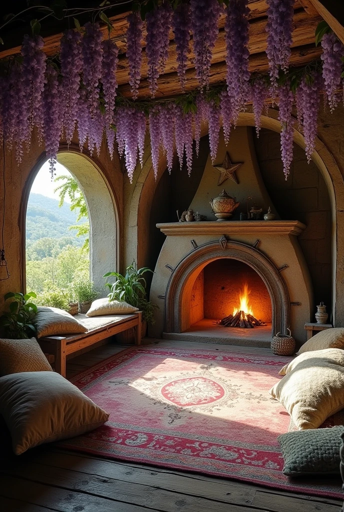 Photo of the interior of a deserted elven cottage&#39;s living room. Perspective shot. Wisteria from floor to ceiling.   With old round stone fireplace lit at the back. Style hobbit