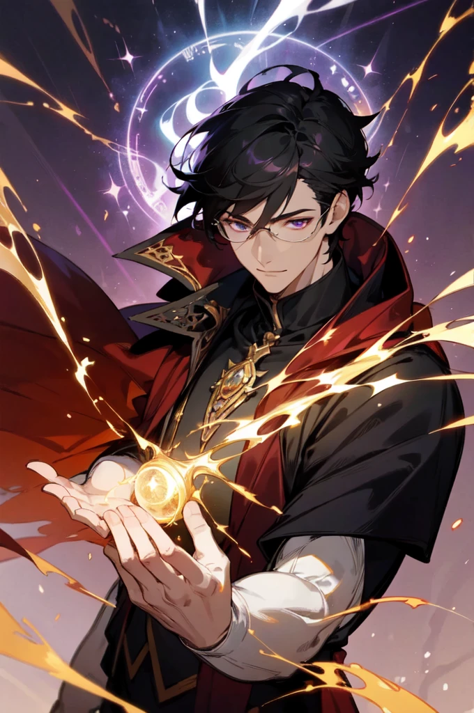 masterpiece, best quality, 1 male, young, tall muscular, handsome, finely detailed eyes, intricate details, black hair, short hair, smile, solo, upper body, detailed background, detailed face, good sorcerer, color magical robes, determined expression, white color scheme, dark crimson light, glowing magical runes, realistic lighting, floating particles, sparks, surrounded by gold lightning red arcane symbols, corrupted by eldritch power, bloom, glasses, Purple eyes