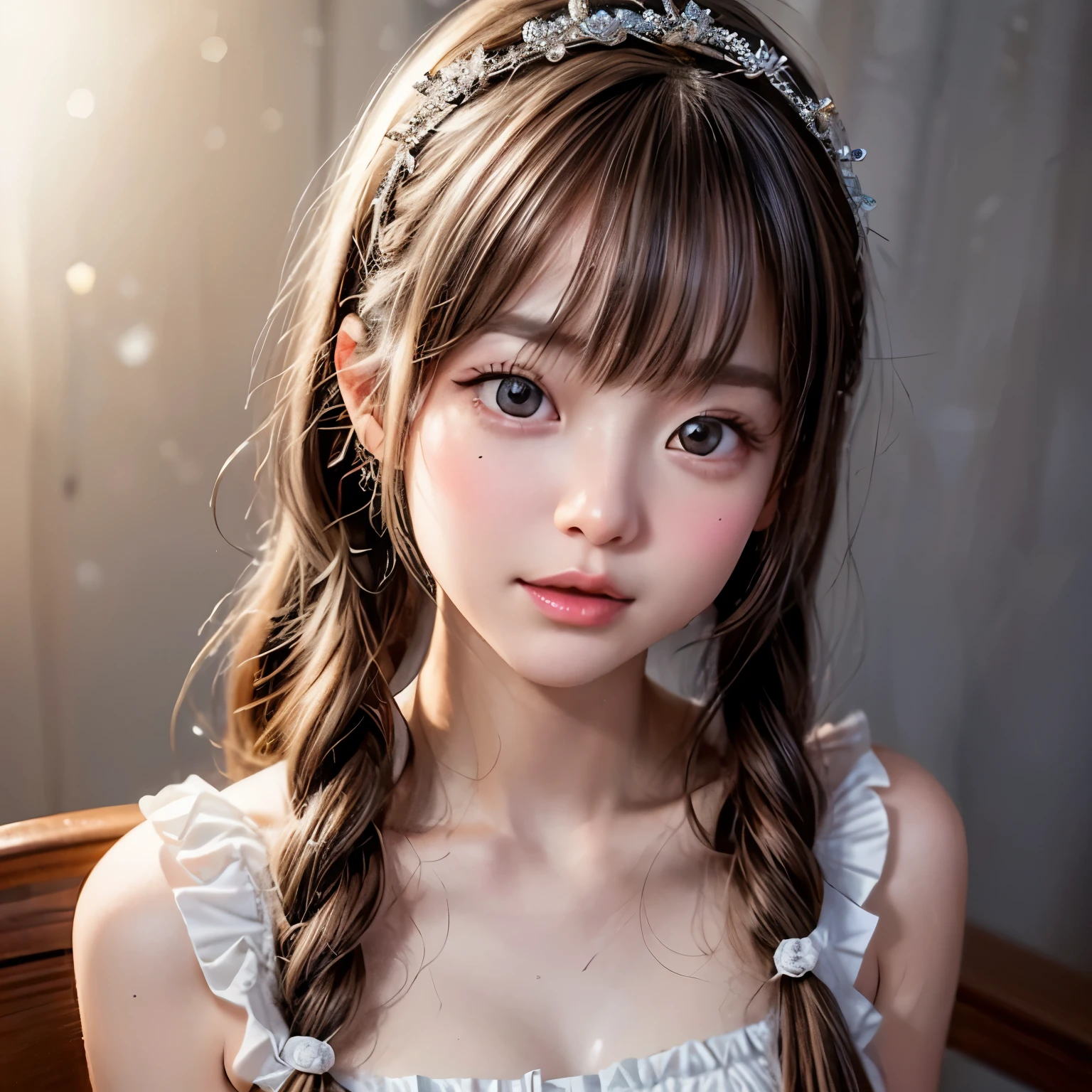 NSFW, 8k, High level, absurd, masterpiece, best quality, original language, very detailed CG, very detailed wallpaper, perfect lighting, Extremely detailed (((Personifying " Agnes Lamb " as))), Mystic Site, Tyndall effect, Tyndall scattering, Studio gray background with (Lots of dazzling rainbow colored particles BokeH:1.28), (RoundlyButts, thigh gaps), (Exposed:0.4), (Assfocus with looking ahead), break (Nogizaka face deformation) Extremely Detailed very KAWAII face variations, complete anatomy, Childish, fascinating gaze, elaborate detailed Eyes with (Glittering Highlights:1.28), long eyelashes、Glossy RED Lips with beautiful details, a bewitching tongue, pink cheeks, Radiant PearlSkin with clear transparency . { (Dynamic, lifelike expressions:1.4) | :d) }, (big eyes:-1) .