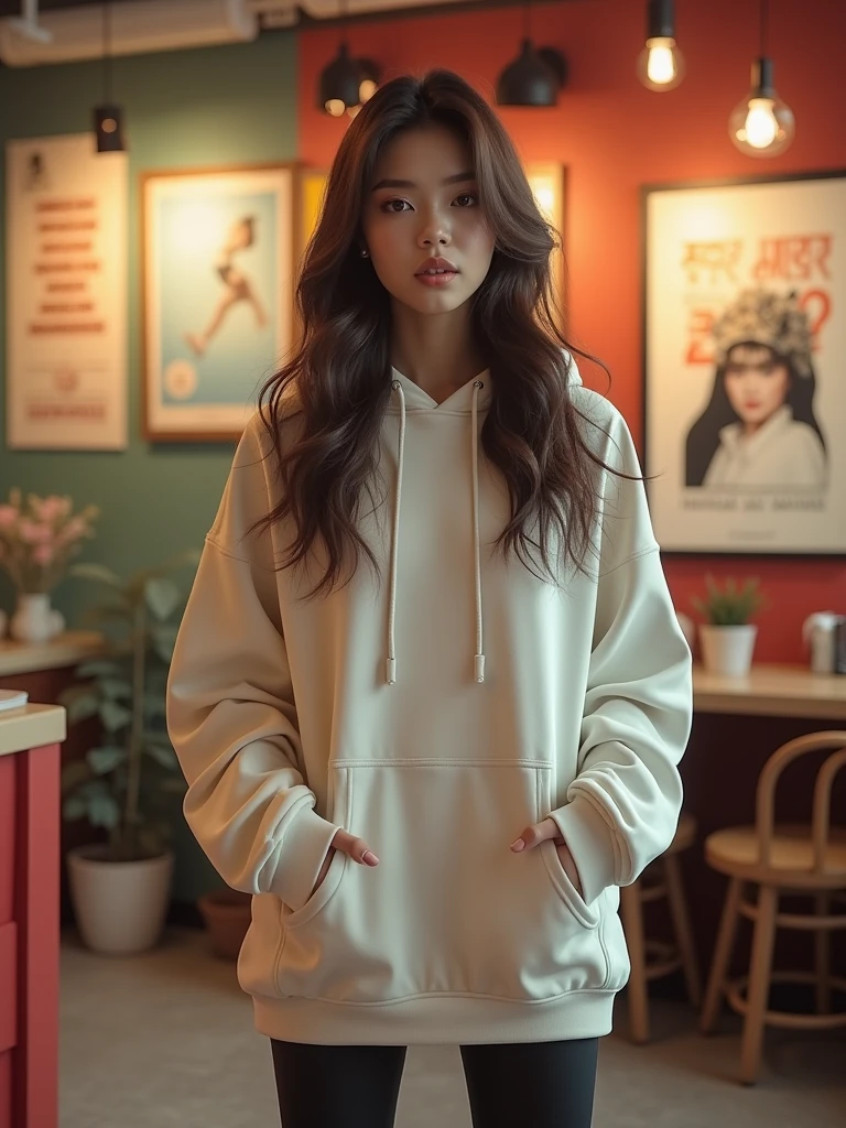 (Realistic, Photorealistic: 1.37), ((highest quality)), ((intricate details)), ((realistic)), absurd resolution, K-Pop idol, 18 years old, young , sexy woman, point view, highly detailed photo, one girl, medium breast, wearing Oversized hoodie with leggings, paired with white sneakers , standing and looking at the viewer, medium long hair, brown eyes, Detailed indoor background, looking. Viewed from the front,1girl