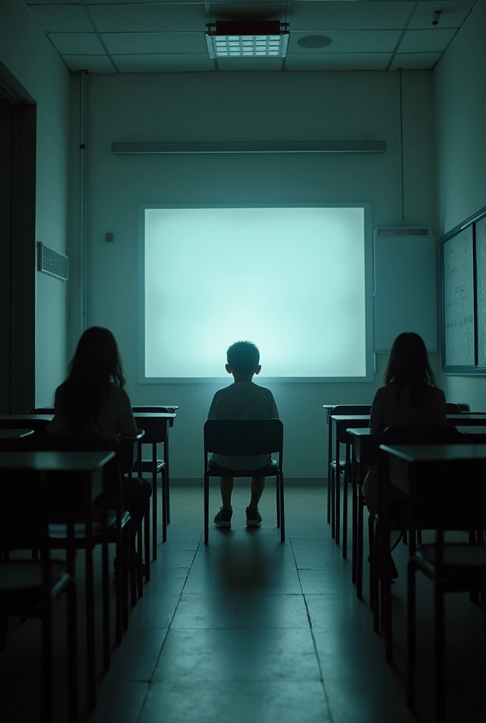 make a clear (see through) boy ghost who's inside a classroom sitting and facing the white board. he's not facing our direction since my friend and I we're on the hallway and the boy is inside the classroom and we are somehow far away from him. we only see him because the classroom is made up of glass and the hallway and room is kinda dark
the room is full of arm chair and the ghost is the only one who's in there