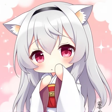 One Woman,Gray Hair,Cat ear,((Chibi Character)) Heterochromia iridis,Red eyes,,White kimono,Hiding his face,Enter your text in the bottom right corner of the fantasy image,A very popular font,