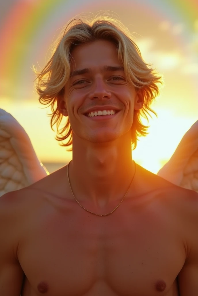 30 generation white male、Mysterious and sexy face、looking at the camera、Image、Beautiful angel wings、Upper body skin?、No beard、Slightly longer blonde hair、Rainbow on background、Smiling