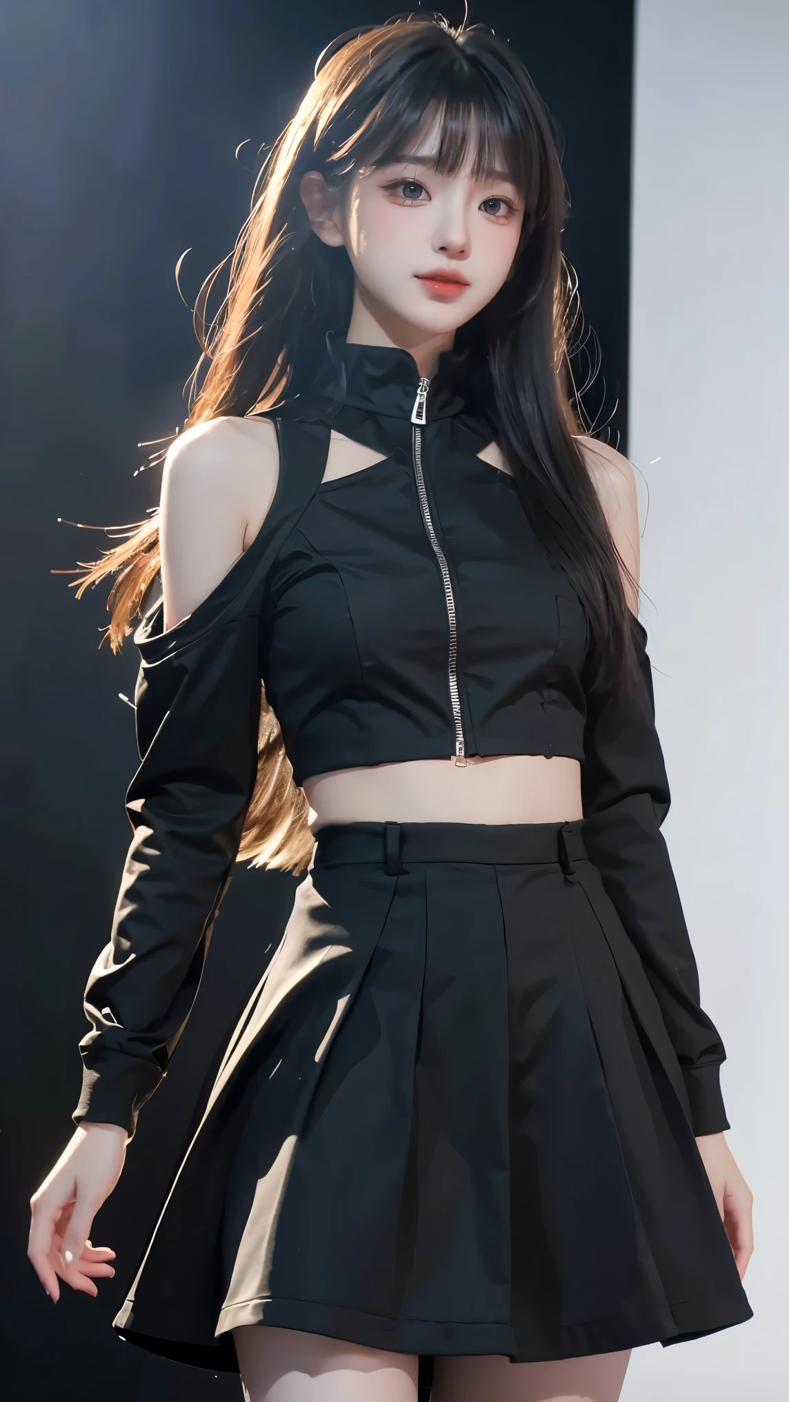1girl, black random outfits, white background, ray tracing, Catwalk, fashion exhibition,