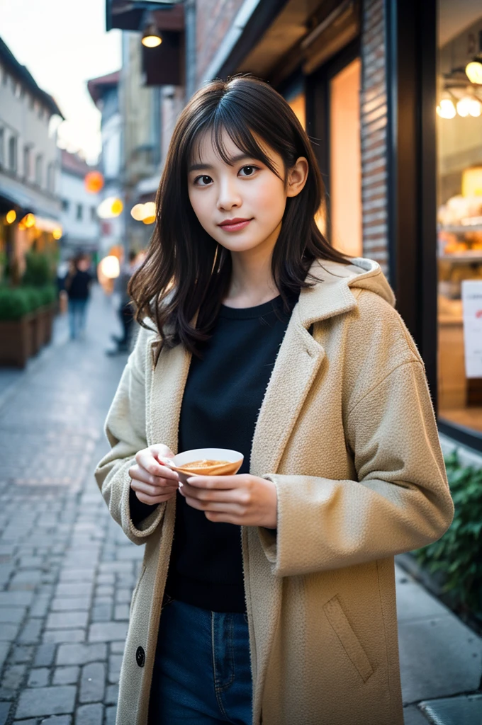 (8k, RAW Photos, Highest quality, masterpiece:1.3), (Realistic, photo-Realistic:1.4), (非常に詳細な8k壁紙), Sharp focus, Written boundary depth,
Japanese Idols,very cute, (coat:1.3),(Medium Hair: 1.3), Upper Body, Highly detailed face and eyes,((Glowing Skin:1.2)), Cinema Lighting, Soft Light, Blur the background,( Old European village street in the early morning, Cobblestone Street, A bakery filled with warm light and a pleasant aroma.)