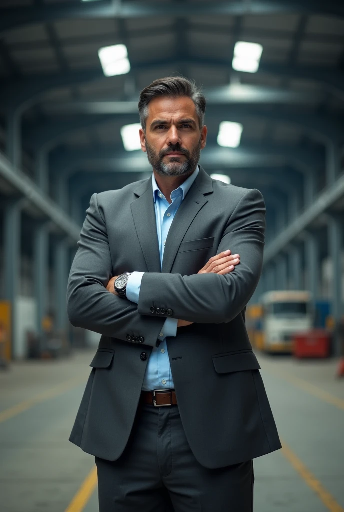@me CEO, standing at a warehouse, crossed arms, serious face, grey suit with baby blue shirt, artificial light
