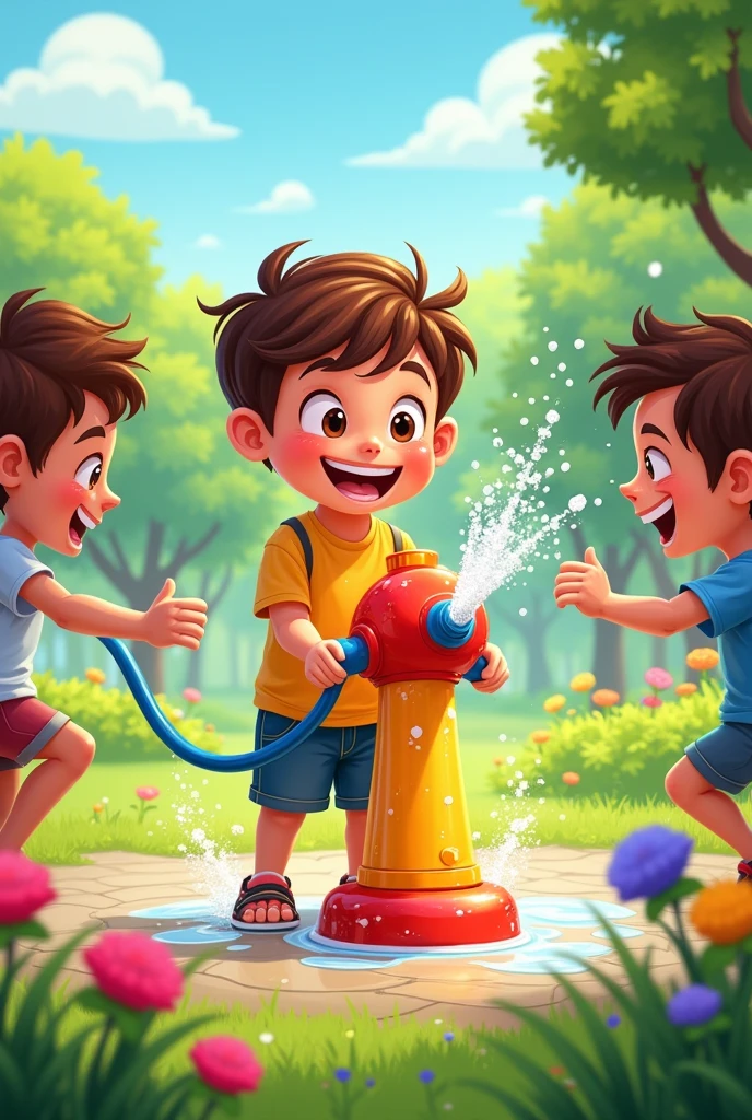 A naughty boy is watering everyone with a water pump, cartoon style