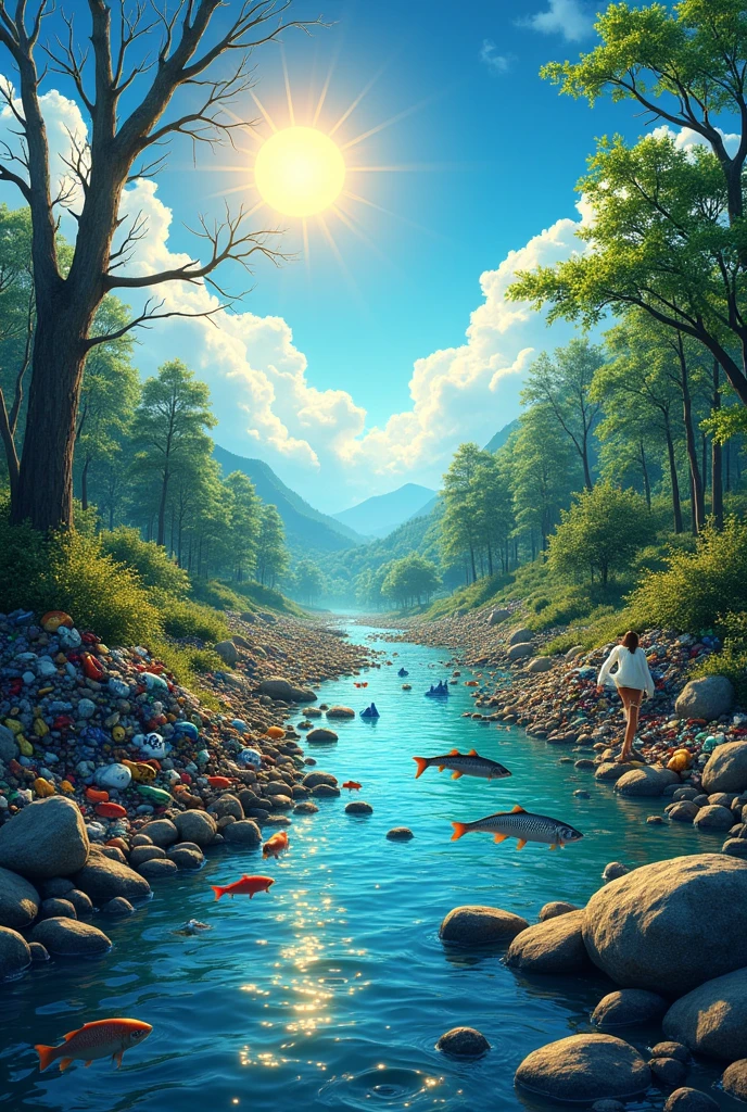 make a poster that illustrating saving the environment. Before and After: Show a contrasting scene of a polluted environment and a restored, thriving one. This highlights the positive impact of environmental action.