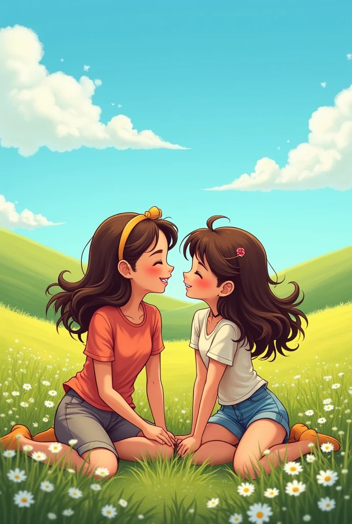 two in love brunette girls one with long hair and the other with medium hair sitting in field stands in crayon animación