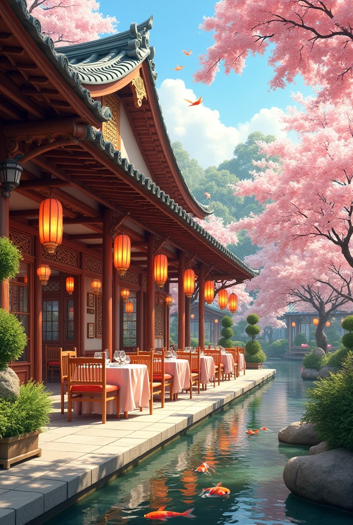 A place to eat, in a park, with a cafeteria and outside tables, with Japanese theme But big