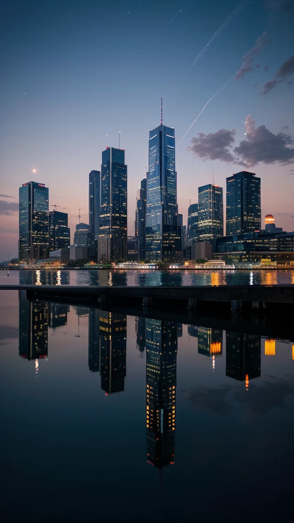 Create an image of a modern cityscape at dusk, with skyscrapers and buildings lit up with a mix of warm and cool lights. The city skyline should be reflected perfectly in a calm body of water below, such as a river or lake. The water should be smooth, creating a mirror-like effect, with the reflection capturing the details of the buildings and their lights. The sky is a gradient of deep blues and purples, with a few stars beginning to appear. The overall atmosphere should be serene and slightly surreal, emphasizing the symmetry between the city and its reflection.