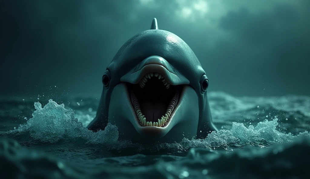 A dolphin is staring straight ahead with its mouth open and its eyes shining brightly., Horror