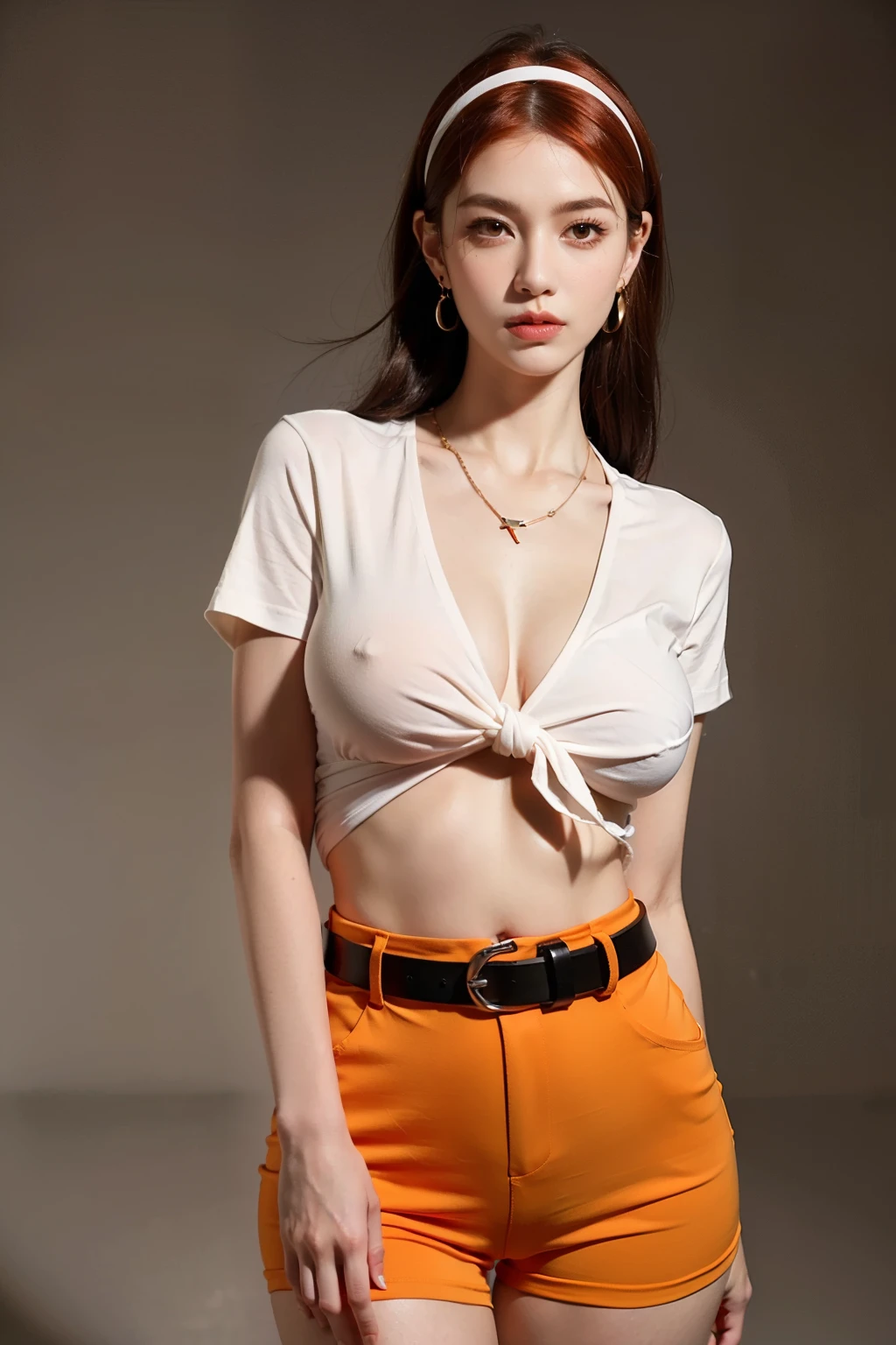 (RAW shooting, Photoreal:1.5, 8k, highest quality, masterpiece, ultra high resolution), perfect dynamic composition:1.2, Highly detailed skin and facial textures:1.2,beautiful and aesthetic:1.2,full body, sandals, Fair skin, (large breast:1.4, Chest gap:1.4),(connie,hair band,earrings,necklace,1girl, tall, long legs, makeup:1.2, long hair, dark orange hair, navel,perfect thigh:1.4, tight tied shirt,short sleeves, tight red short pants:2, belt:1.2),(simple background:1),